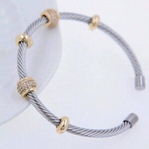 Elegant Womens Stainless Steel Silver & Gold Cable Bangle Bracelet Beaded CZ's